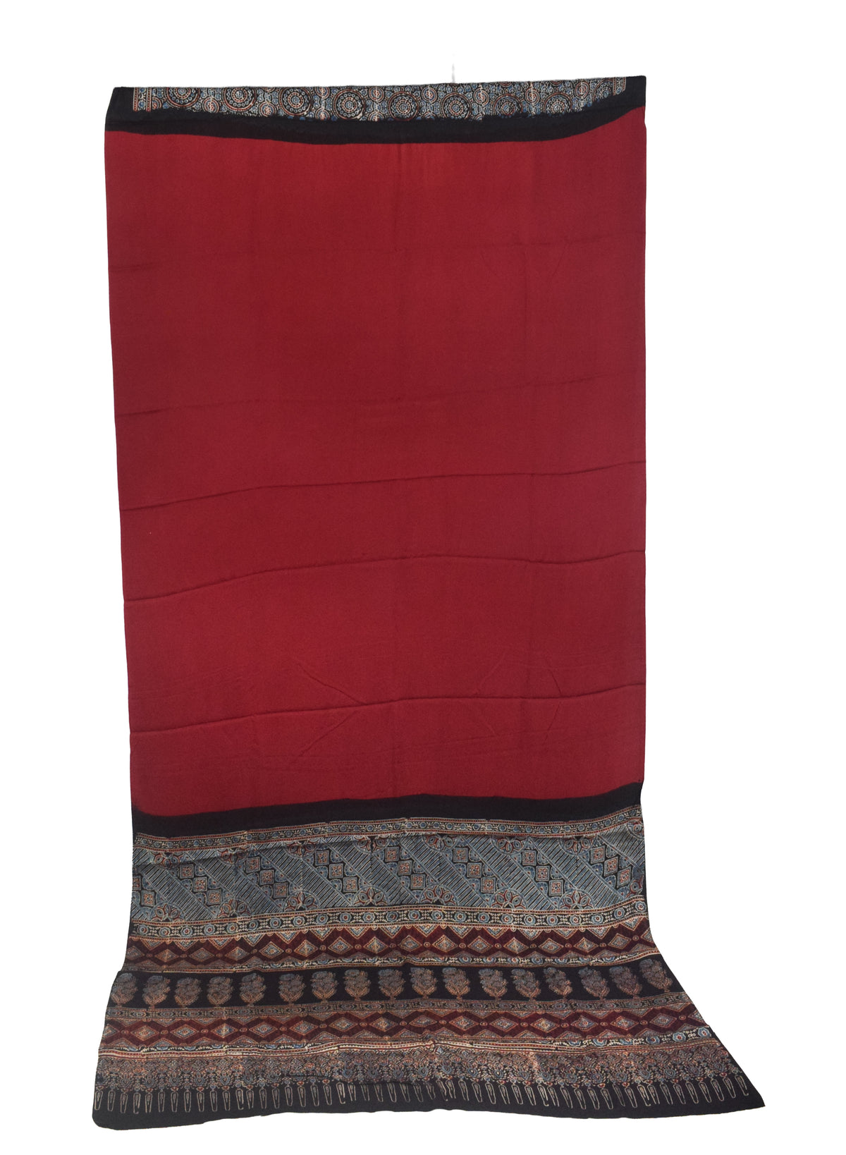 Ajrakh Modal Silk Part Natural Dye Half Plain Dyeing Hand Block Print Saree with Blouse Piece - 5.5 Mtr Length   -  SKU : ZD27701G