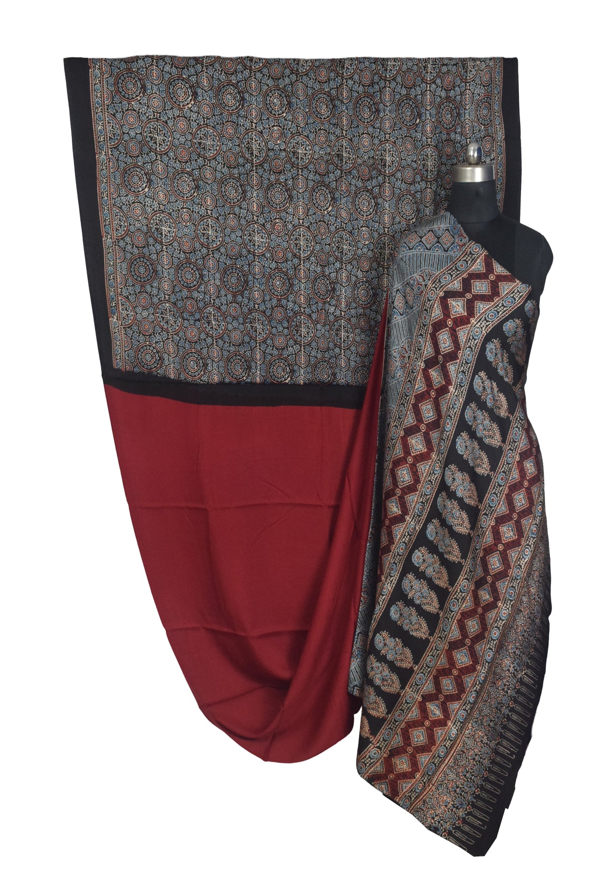 Ajrakh Modal Silk Part Natural Dye Half Plain Dyeing Hand Block Print Saree with Blouse Piece - 5.5 Mtr Length   -  SKU : ZD27701G
