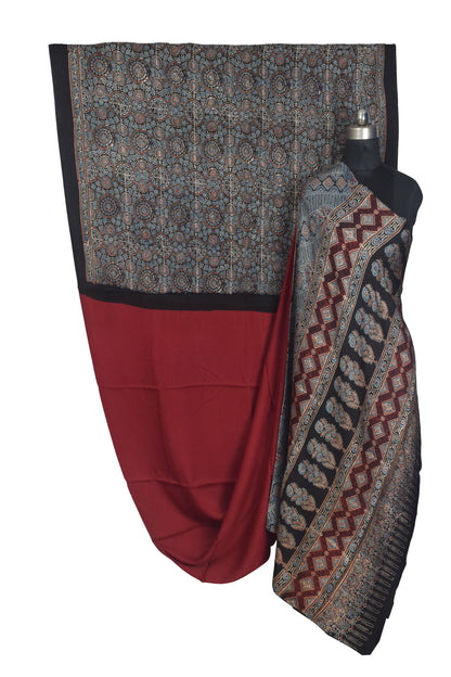 Ajrakh Modal Silk Part Natural Dye Half Plain Dyeing Hand Block Print Saree with Blouse Piece - 5.5 Mtr Length   -  SKU : ZD27701G