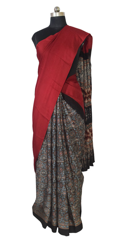 Ajrakh Modal Silk Part Natural Dye Half Plain Dyeing Hand Block Print Saree with Blouse Piece - 5.5 Mtr Length   -  SKU : ZD27701G