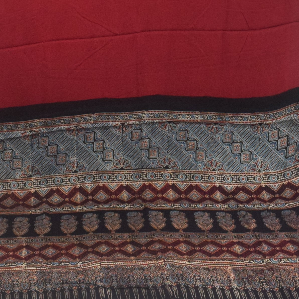 Ajrakh Modal Silk Part Natural Dye Half Plain Dyeing Hand Block Print Saree with Blouse Piece - 5.5 Mtr Length   -  SKU : ZD27701G