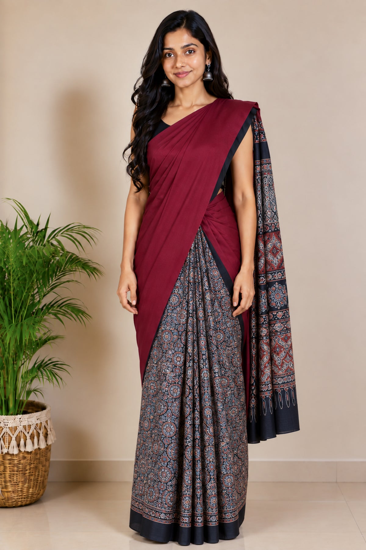 Ajrakh Modal Silk Part Natural Dye Half Plain Dyeing Hand Block Print Saree with Blouse Piece - 5.5 Mtr Length   -  SKU : ZD27701G