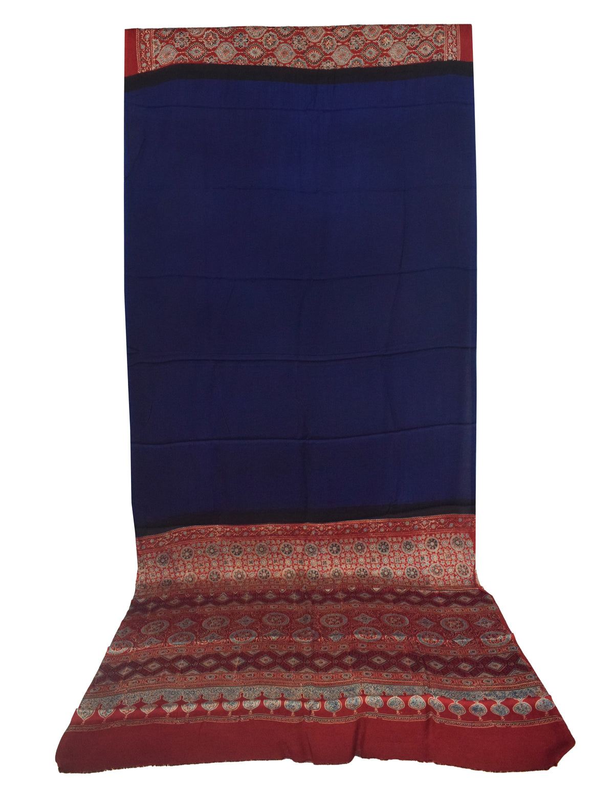 Ajrakh Modal Silk Part Natural Dye Half Plain Dyeing Hand Block Print Saree with Blouse Piece - 5.5 Mtr Length   -  SKU : ZD27701D