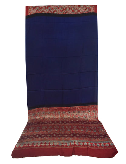 Ajrakh Modal Silk Part Natural Dye Half Plain Dyeing Hand Block Print Saree with Blouse Piece - 5.5 Mtr Length   -  SKU : ZD27701D