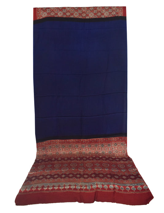 Ajrakh Modal Silk Part Natural Dye Half Plain Dyeing Hand Block Print Saree with Blouse Piece - 5.5 Mtr Length   -  SKU : ZD27701D