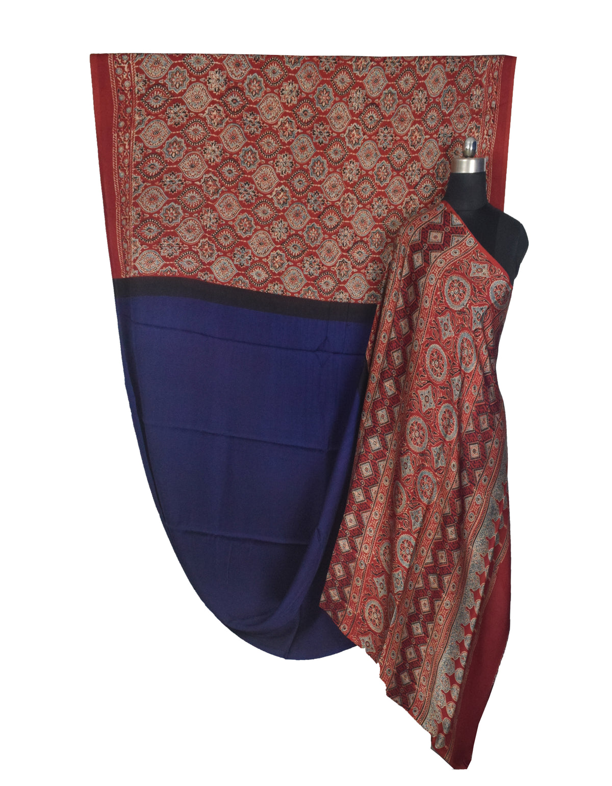Ajrakh Modal Silk Part Natural Dye Half Plain Dyeing Hand Block Print Saree with Blouse Piece - 5.5 Mtr Length   -  SKU : ZD27701D