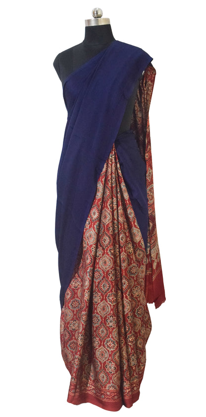 Ajrakh Modal Silk Part Natural Dye Half Plain Dyeing Hand Block Print Saree with Blouse Piece - 5.5 Mtr Length   -  SKU : ZD27701D