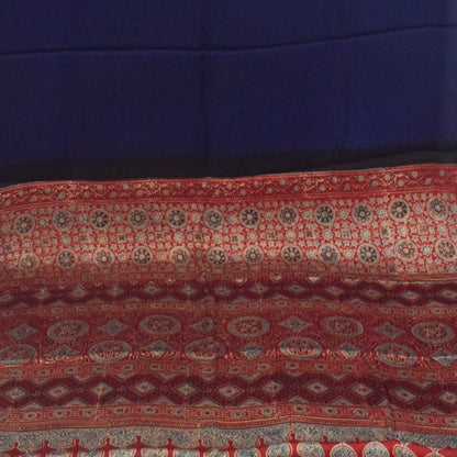 Ajrakh Modal Silk Part Natural Dye Half Plain Dyeing Hand Block Print Saree with Blouse Piece - 5.5 Mtr Length   -  SKU : ZD27701D