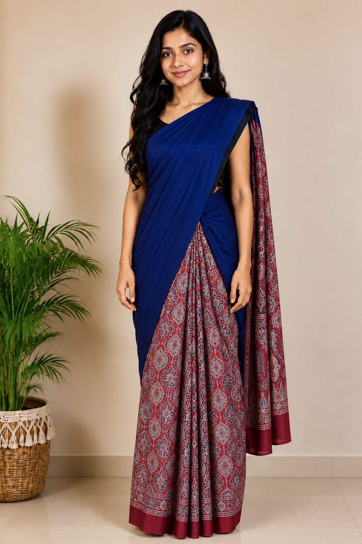 Ajrakh Modal Silk Part Natural Dye Half Plain Dyeing Hand Block Print Saree with Blouse Piece - 5.5 Mtr Length   -  SKU : ZD27701D