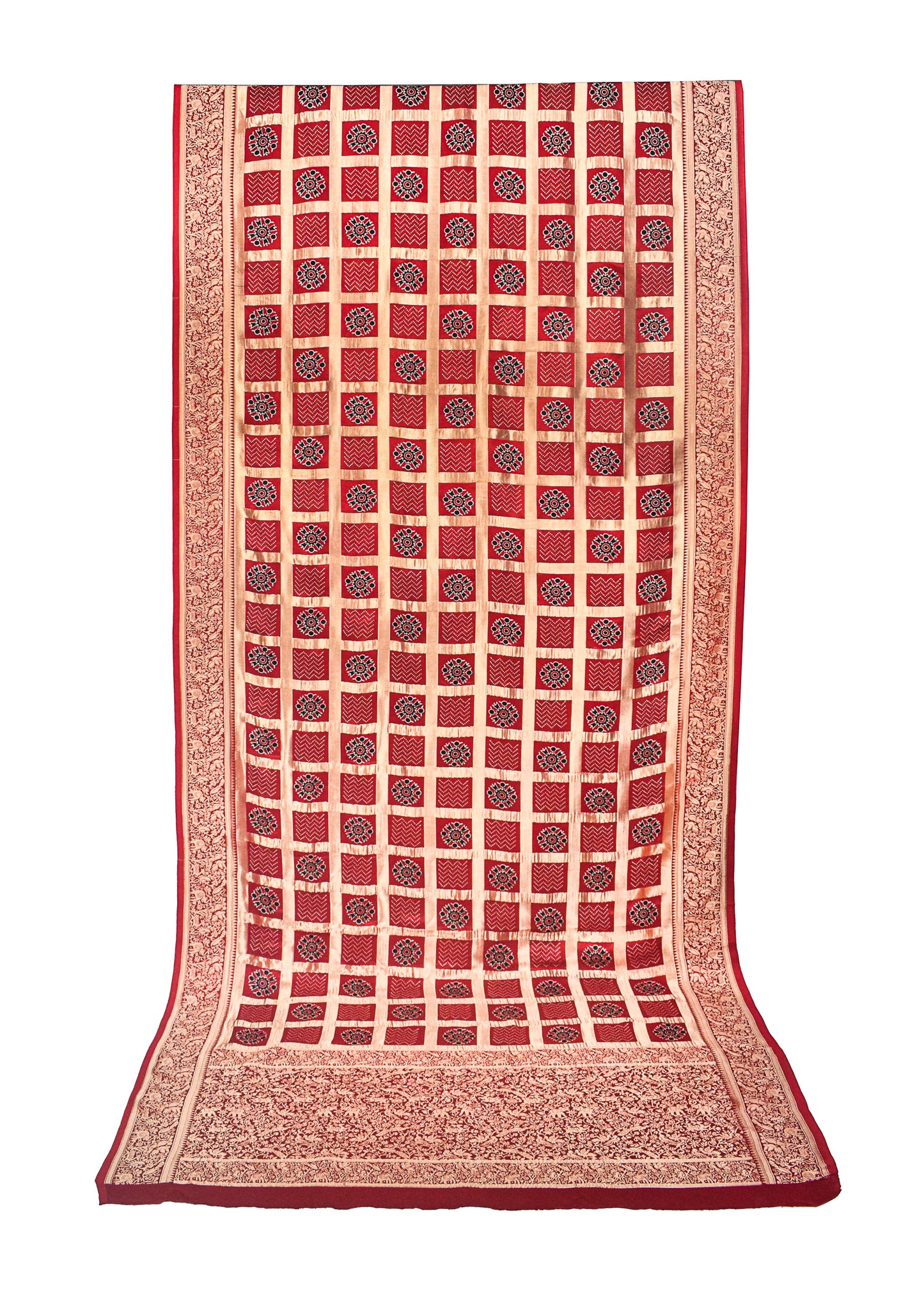 Ajrakh Modal Silk Nepthol Dye Screen Print Gharchola Design Saree with Blouse Piece - 5.5 Mtr Length    -  SKU : KK01C01D