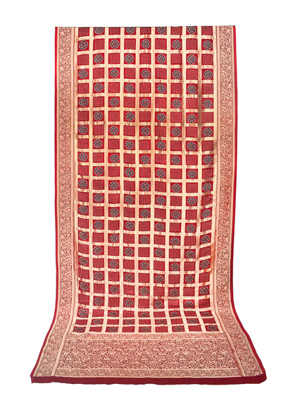 Ajrakh Modal Silk Nepthol Dye Screen Print Gharchola Design Saree with Blouse Piece - 5.5 Mtr Length    -  SKU : KK01C01D