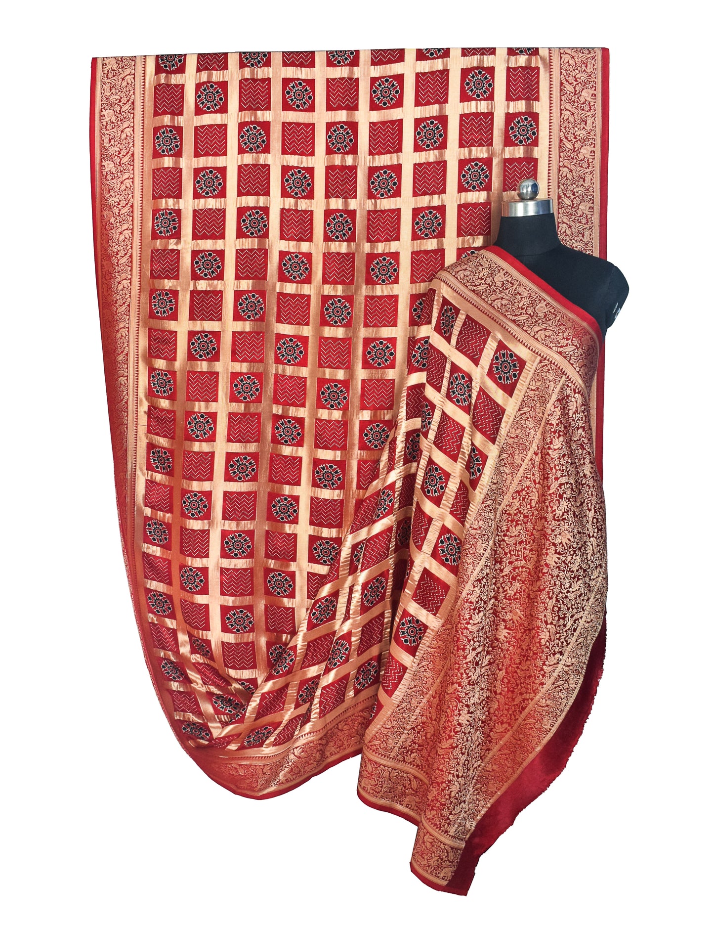 Ajrakh Modal Silk Nepthol Dye Screen Print Gharchola Design Saree with Blouse Piece - 5.5 Mtr Length    -  SKU : KK01C01D