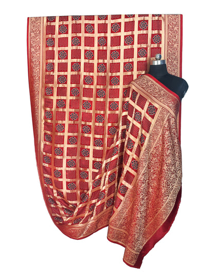 Ajrakh Modal Silk Nepthol Dye Screen Print Gharchola Design Saree with Blouse Piece - 5.5 Mtr Length    -  SKU : KK01C01D