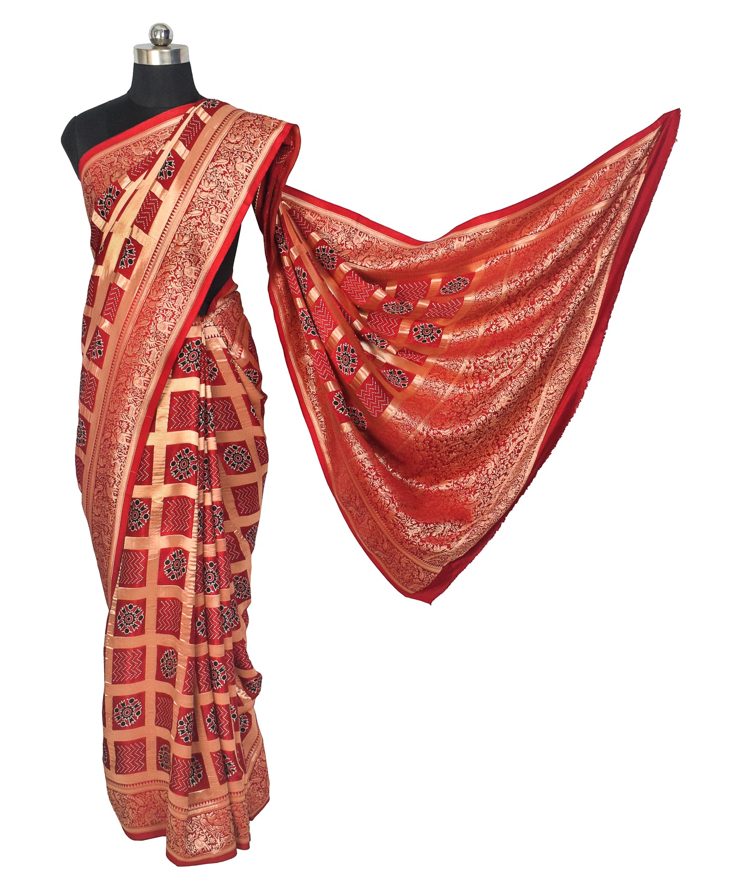 Ajrakh Modal Silk Nepthol Dye Screen Print Gharchola Design Saree with Blouse Piece - 5.5 Mtr Length    -  SKU : KK01C01D