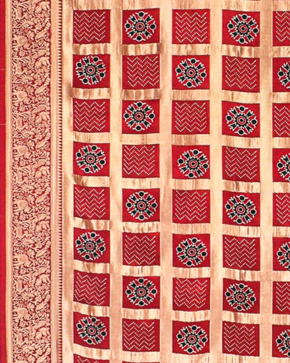 Ajrakh Modal Silk Nepthol Dye Screen Print Gharchola Design Saree with Blouse Piece - 5.5 Mtr Length    -  SKU : KK01C01D