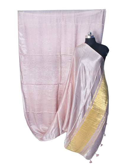 Plain Dyeing Modal Silk Golden Border Saree with Tassels - With Blouse Piece - 5.5 Mtr Length    -  SKU : AI04102B