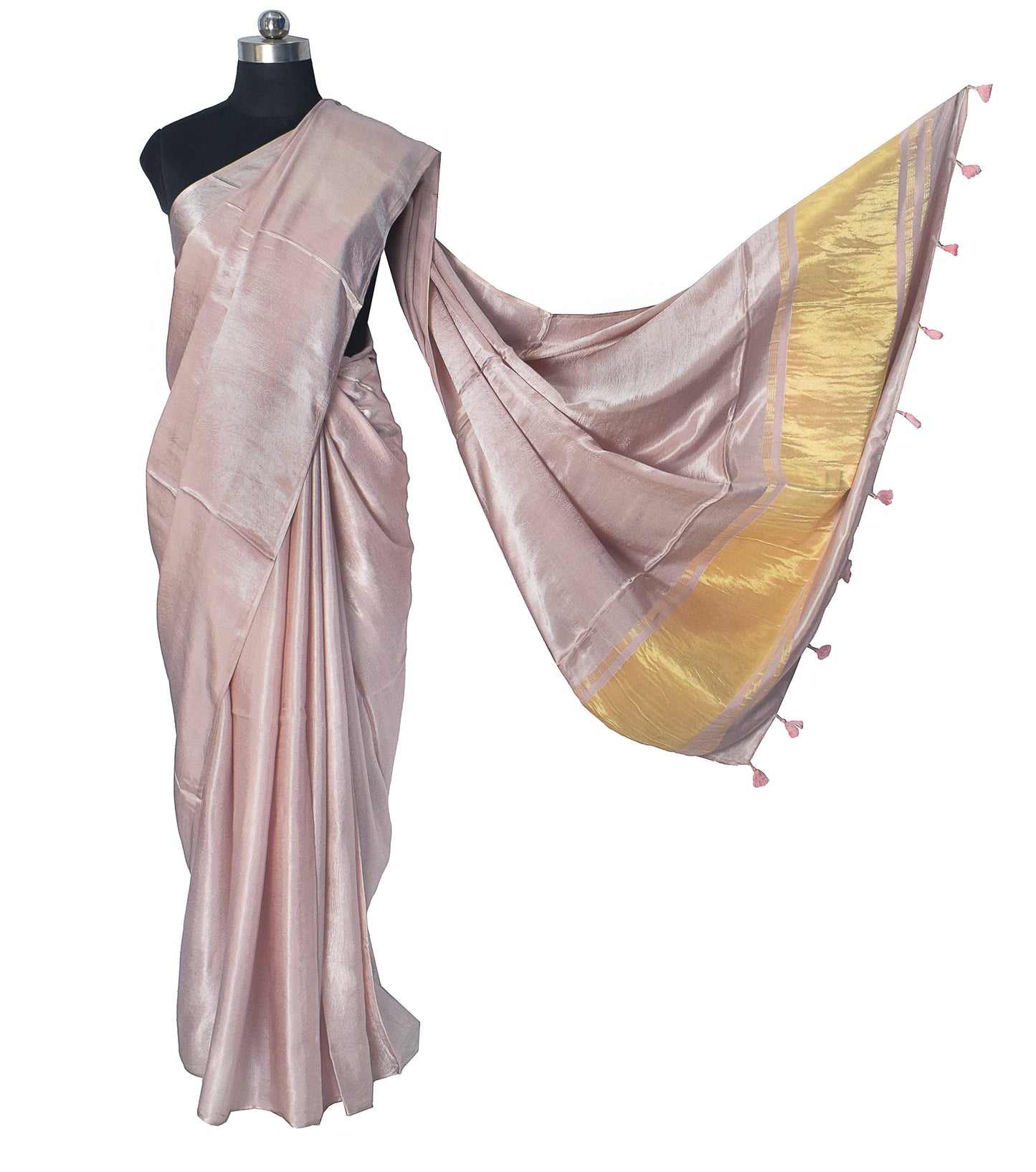 Plain Dyeing Modal Silk Golden Border Saree with Tassels - With Blouse Piece - 5.5 Mtr Length    -  SKU : AI04102B