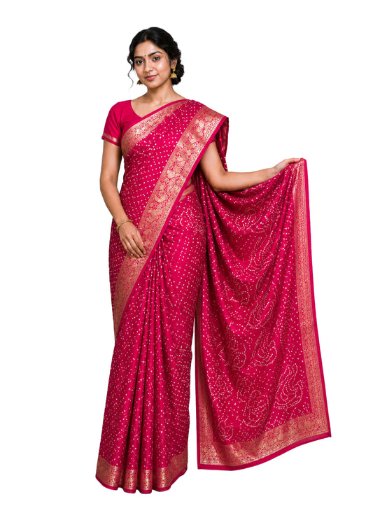 Bandhej Print Linen Nakshi Border Saree  - 5.5 Mtr Length    -  SKU : ZD22101C