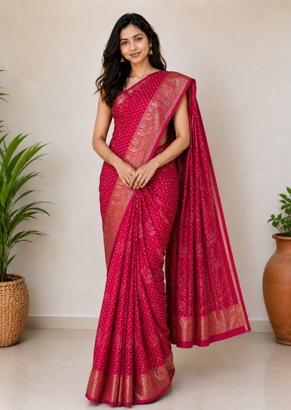 Bandhej Print Linen Nakshi Border Saree  - 5.5 Mtr Length    -  SKU : ZD22101C