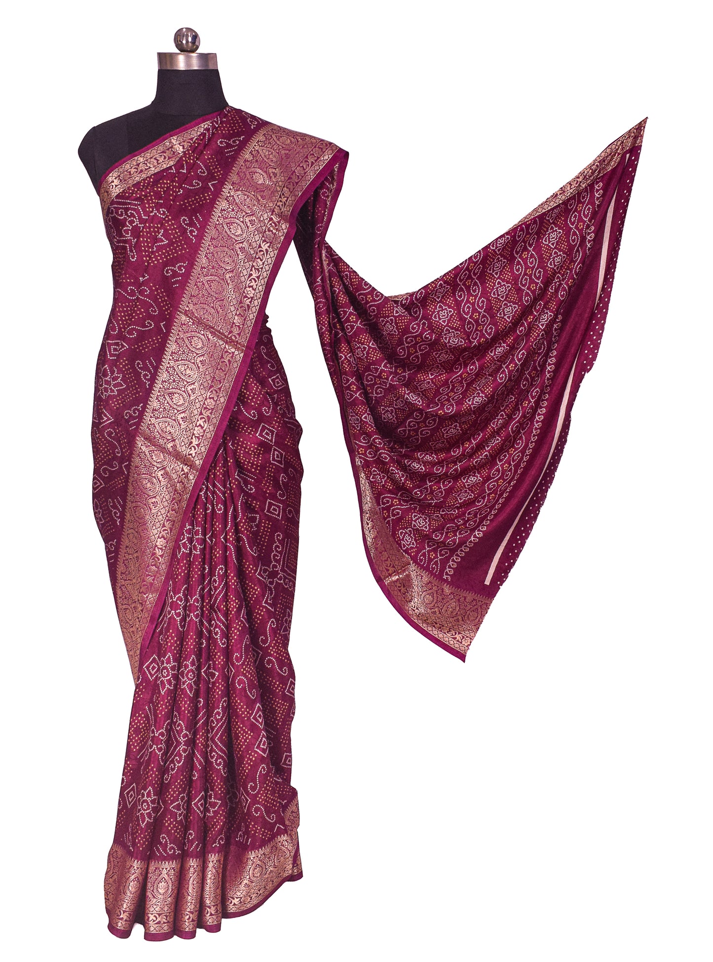 Bandhej Print Linen Nakshi Border Saree  - 5.5 Mtr Length    -  SKU : ZD22101A