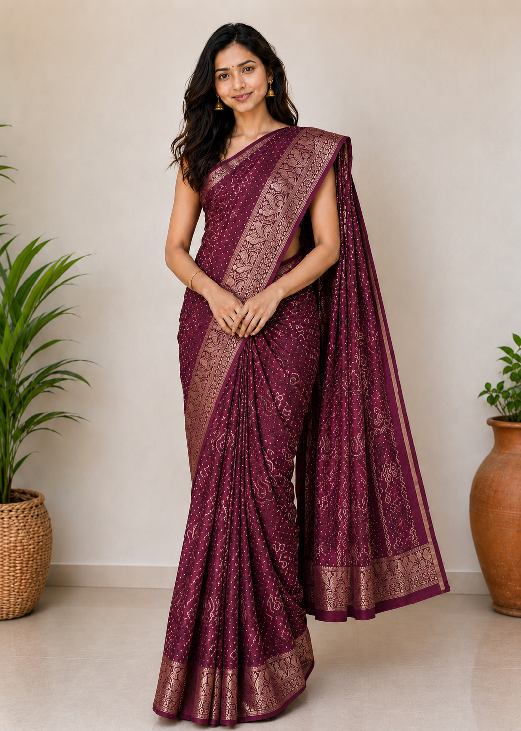 Bandhej Print Linen Nakshi Border Saree  - 5.5 Mtr Length    -  SKU : ZD22101A