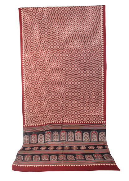 Ajrakh Modal Silk Nepthol Dye Screen Print Hand Printed Saree  - 5.5 Mtr Length    -  SKU : ZD24102A