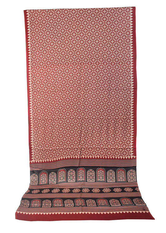 Ajrakh Modal Silk Nepthol Dye Screen Print Hand Printed Saree  - 5.5 Mtr Length    -  SKU : ZD24102A