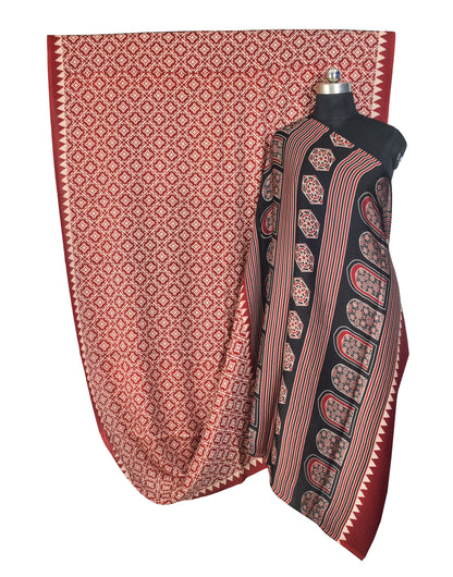 Ajrakh Modal Silk Nepthol Dye Screen Print Hand Printed Saree  - 5.5 Mtr Length    -  SKU : ZD24102A