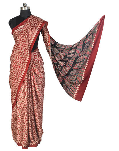 Ajrakh Modal Silk Nepthol Dye Screen Print Hand Printed Saree  - 5.5 Mtr Length    -  SKU : ZD24102A
