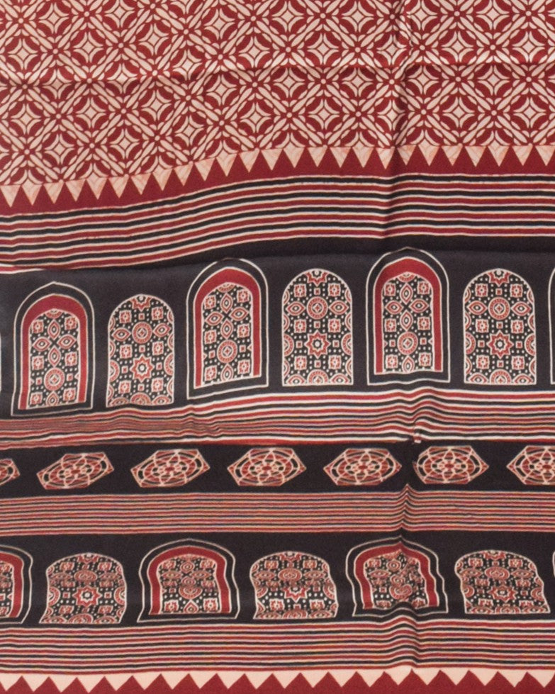 Ajrakh Modal Silk Nepthol Dye Screen Print Hand Printed Saree  - 5.5 Mtr Length    -  SKU : ZD24102A