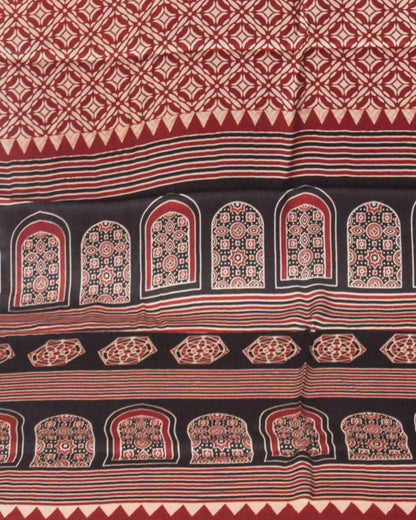 Ajrakh Modal Silk Nepthol Dye Screen Print Hand Printed Saree  - 5.5 Mtr Length    -  SKU : ZD24102A