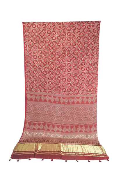 Ajrakh Modal Silk Lagdi Patto with Tassels Screen Print Hand Printed Saree  - With Blouse Piece - 5.5 Mtr Length    -  SKU : ID04C01D
