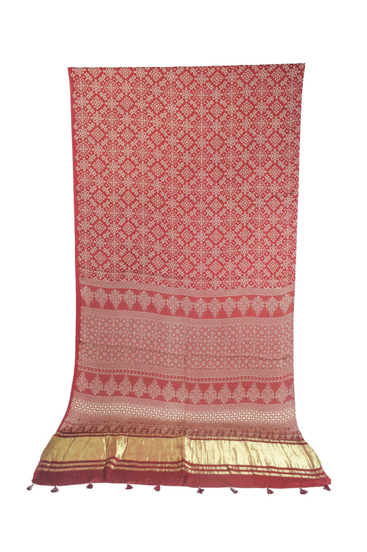 Ajrakh Modal Silk Lagdi Patto with Tassels Screen Print Hand Printed Saree  - With Blouse Piece - 5.5 Mtr Length    -  SKU : ID04C01D