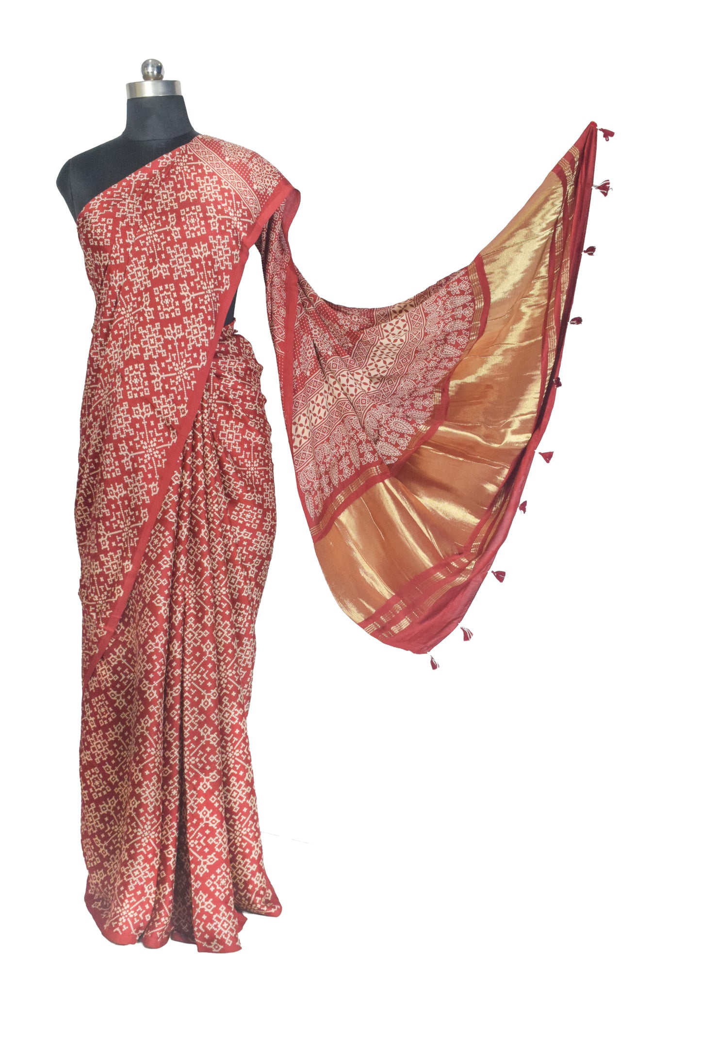 Ajrakh Modal Silk Lagdi Patto with Tassels Screen Print Hand Printed Saree  - With Blouse Piece - 5.5 Mtr Length    -  SKU : ID04C01D