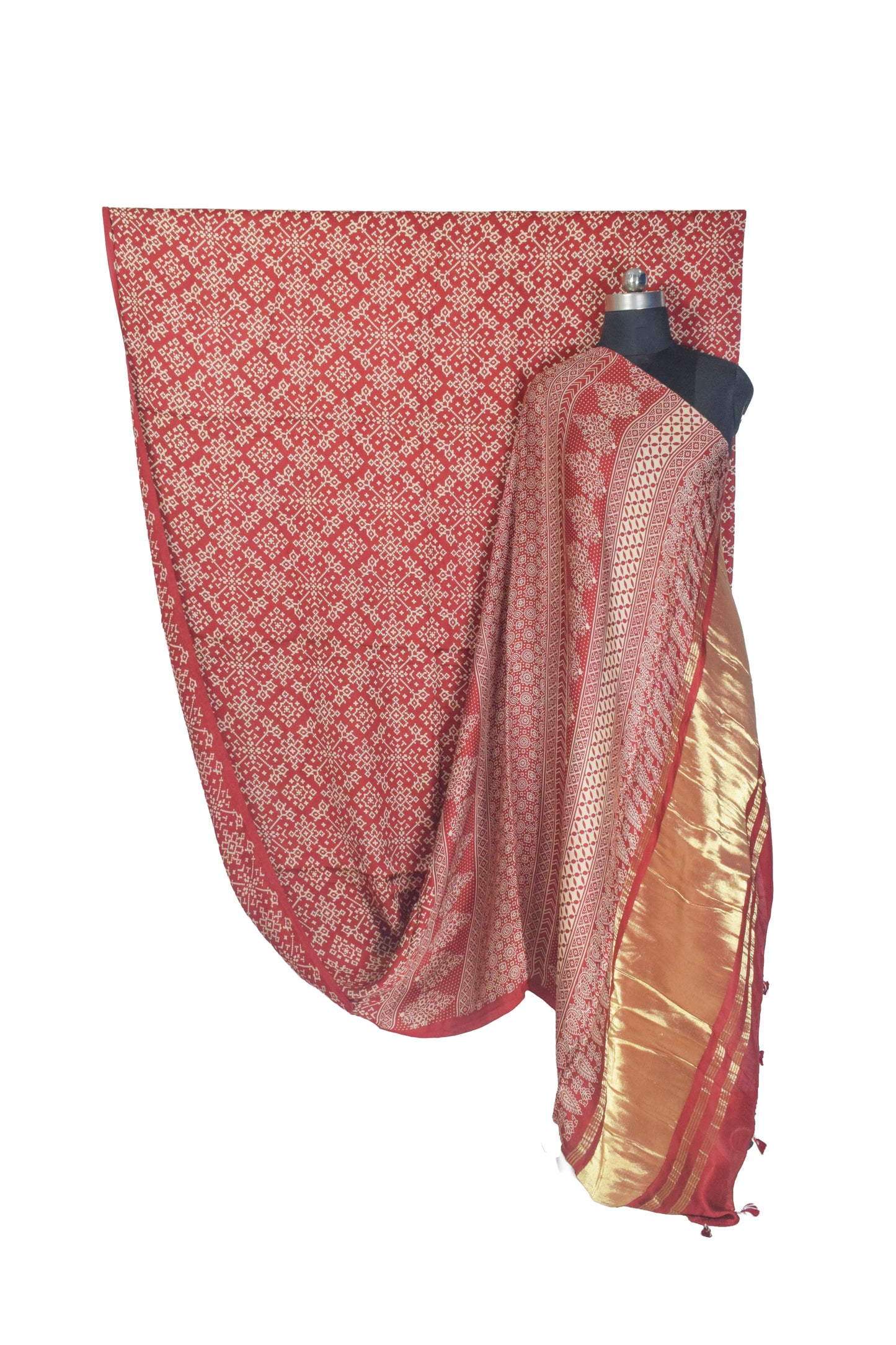 Ajrakh Modal Silk Lagdi Patto with Tassels Screen Print Hand Printed Saree  - With Blouse Piece - 5.5 Mtr Length    -  SKU : ID04C01D
