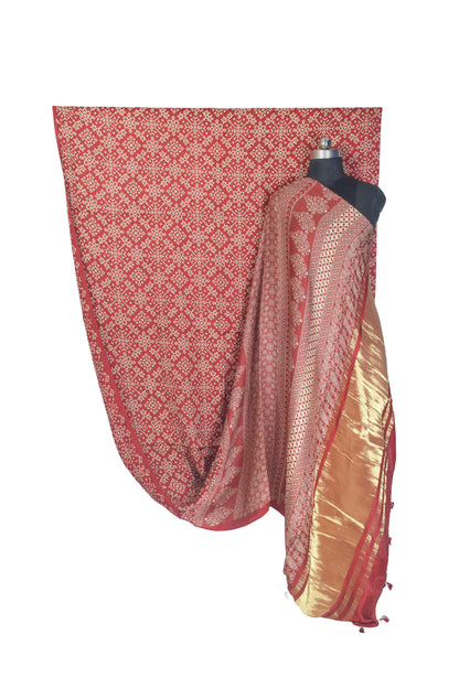 Ajrakh Modal Silk Lagdi Patto with Tassels Screen Print Hand Printed Saree  - With Blouse Piece - 5.5 Mtr Length    -  SKU : ID04C01D