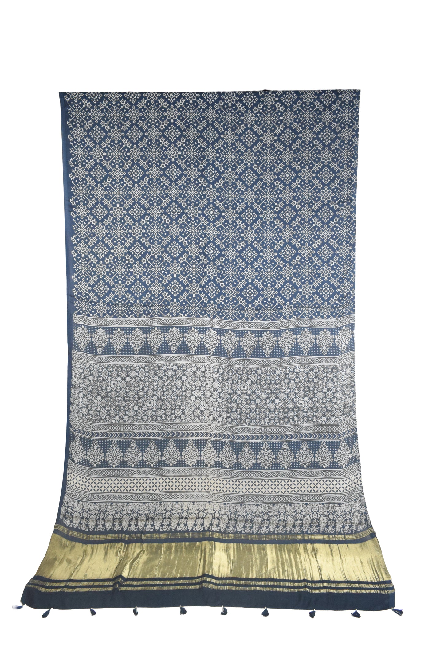 Ajrakh Modal Silk Lagdi Patto with Tassels Screen Print Hand Printed Saree  - With Blouse Piece - 5.5 Mtr Length    -  SKU : ID04C01B