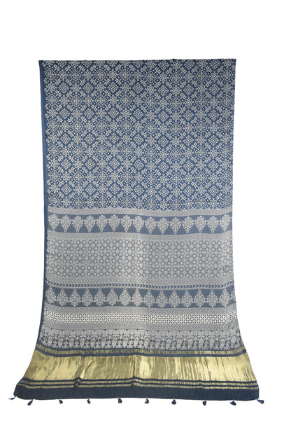 Ajrakh Modal Silk Lagdi Patto with Tassels Screen Print Hand Printed Saree  - With Blouse Piece - 5.5 Mtr Length    -  SKU : ID04C01B