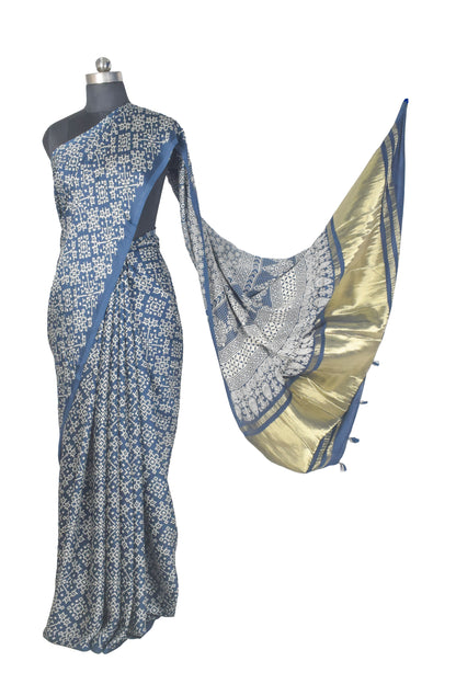 Ajrakh Modal Silk Lagdi Patto with Tassels Screen Print Hand Printed Saree  - With Blouse Piece - 5.5 Mtr Length    -  SKU : ID04C01B