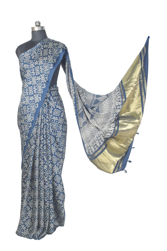 Ajrakh Modal Silk Lagdi Patto with Tassels Screen Print Hand Printed Saree  - With Blouse Piece - 5.5 Mtr Length    -  SKU : ID04C01B