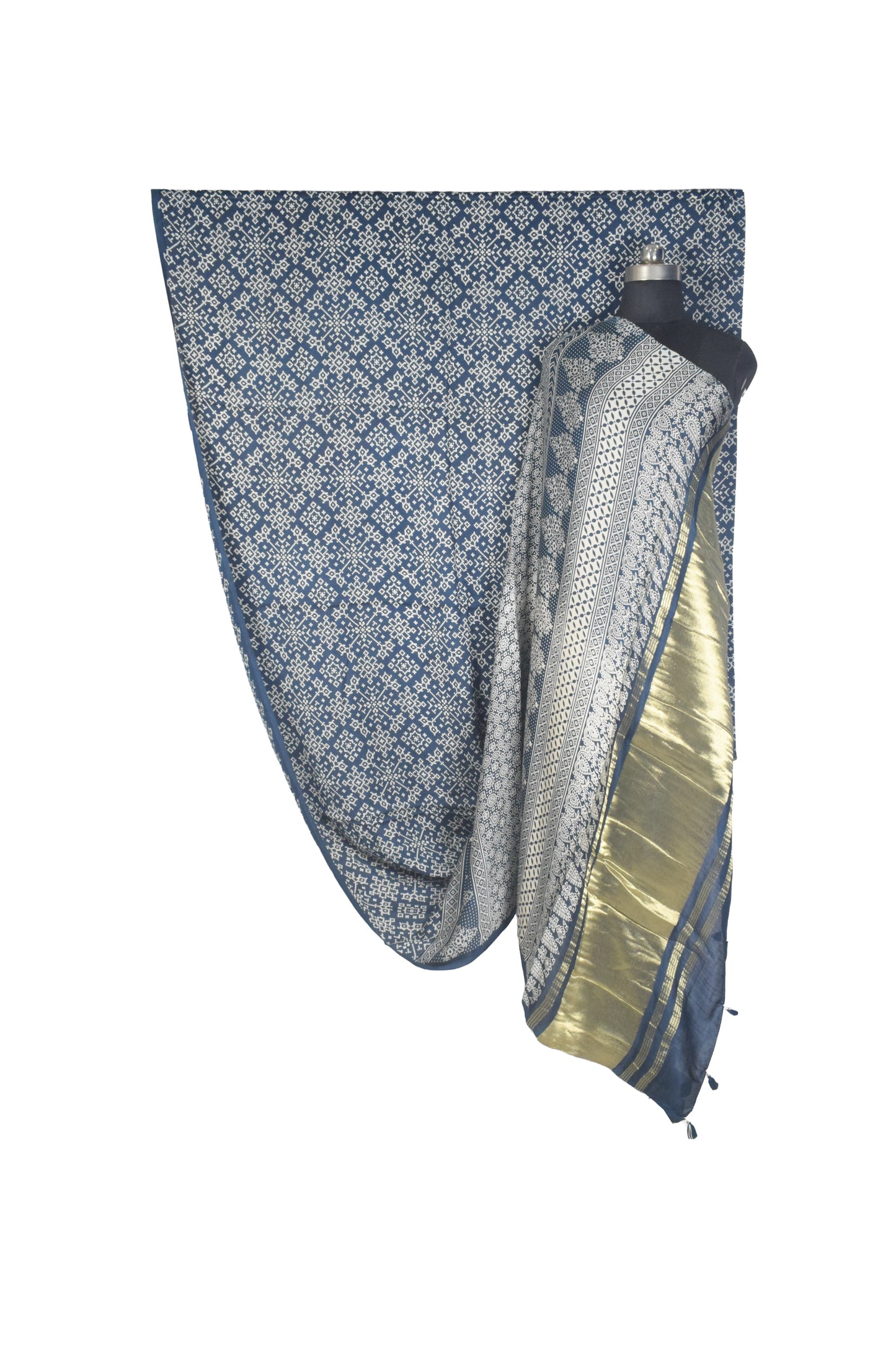 Ajrakh Modal Silk Lagdi Patto with Tassels Screen Print Hand Printed Saree  - With Blouse Piece - 5.5 Mtr Length    -  SKU : ID04C01B