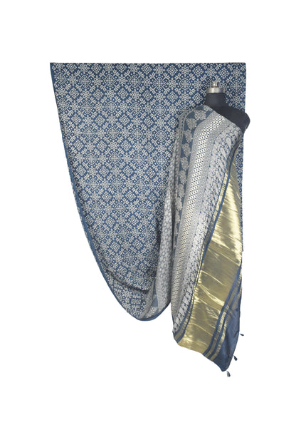 Ajrakh Modal Silk Lagdi Patto with Tassels Screen Print Hand Printed Saree  - With Blouse Piece - 5.5 Mtr Length    -  SKU : ID04C01B