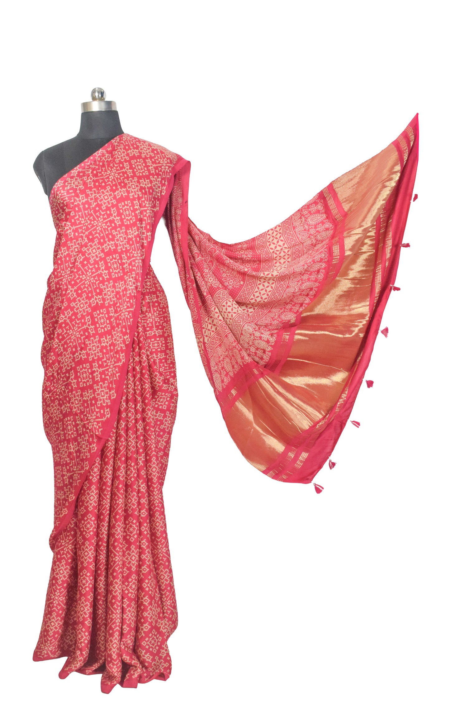 Ajrakh Modal Silk Lagdi Patto with Tassels Screen Print Hand Printed Saree  - With Blouse Piece - 5.5 Mtr Length    -  SKU : ID04C01A