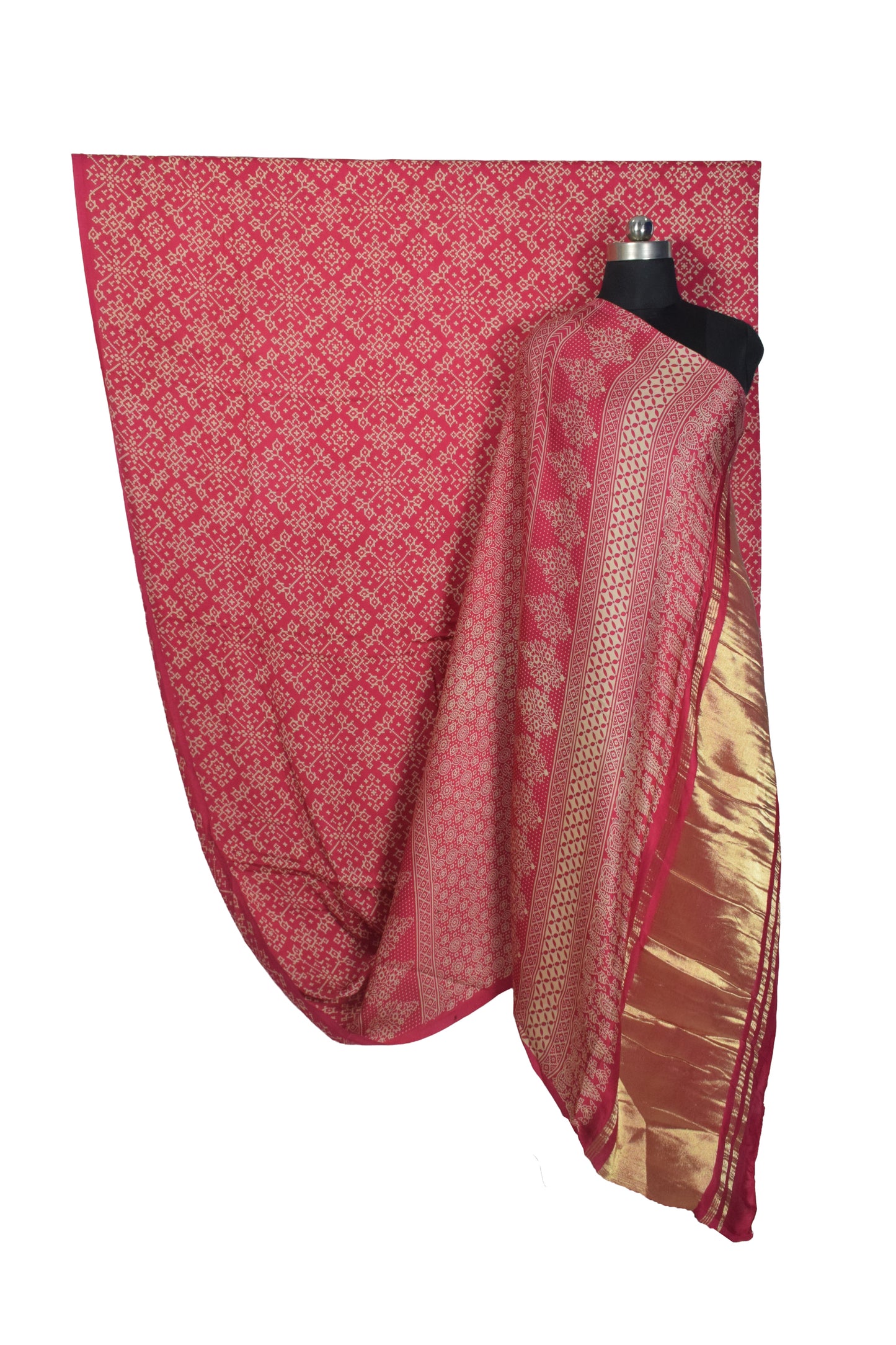 Ajrakh Modal Silk Lagdi Patto with Tassels Screen Print Hand Printed Saree  - With Blouse Piece - 5.5 Mtr Length    -  SKU : ID04C01A
