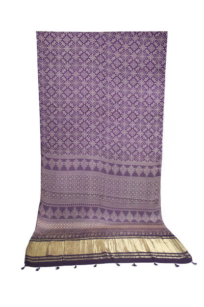 Ajrakh Modal Silk Lagdi Patto with Tassels Screen Print Hand Printed Saree  - With Blouse Piece - 5.5 Mtr Length    -  SKU : ID04C01E