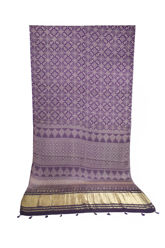 Ajrakh Modal Silk Lagdi Patto with Tassels Screen Print Hand Printed Saree  - With Blouse Piece - 5.5 Mtr Length    -  SKU : ID04C01E