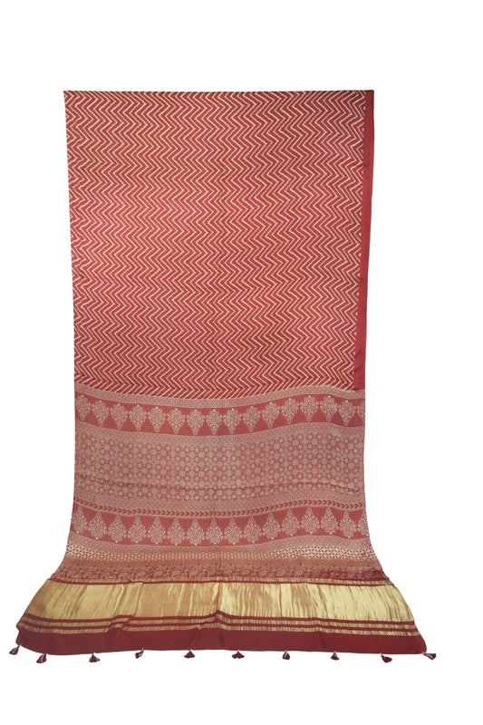Laheryu Print Modal Silk Lagdi Patto with Tassels Screen Print Hand Printed Saree  - With Blouse Piece - 5.5 Mtr Length    -  SKU : ID04C02C