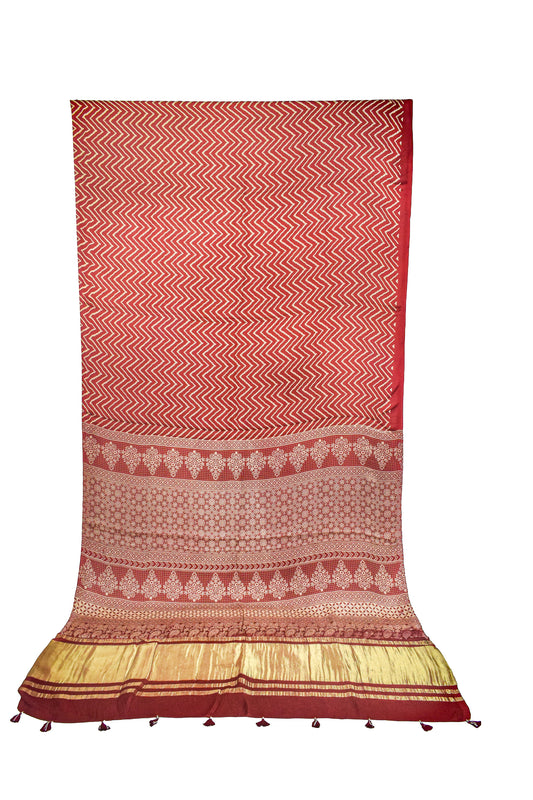 Laheryu Print Modal Silk Lagdi Patto with Tassels Screen Print Hand Printed Saree  - With Blouse Piece - 5.5 Mtr Length    -  SKU : ID04C02C