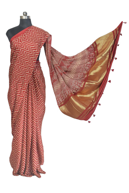 Laheryu Print Modal Silk Lagdi Patto with Tassels Screen Print Hand Printed Saree  - With Blouse Piece - 5.5 Mtr Length    -  SKU : ID04C02C