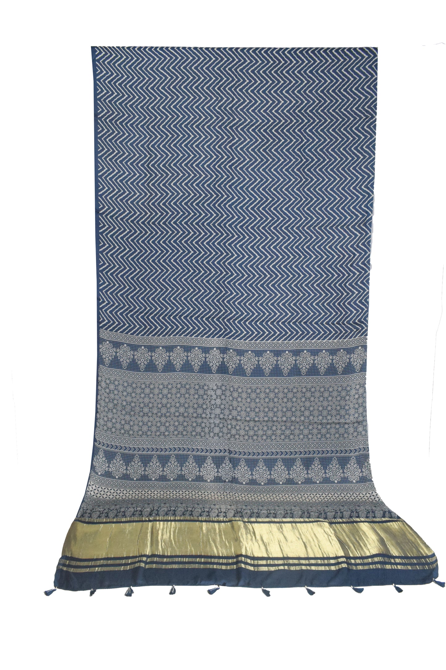 Laheryu Print Modal Silk Lagdi Patto with Tassels Screen Print Hand Printed Saree  - With Blouse Piece - 5.5 Mtr Length    -  SKU : ID04C02A